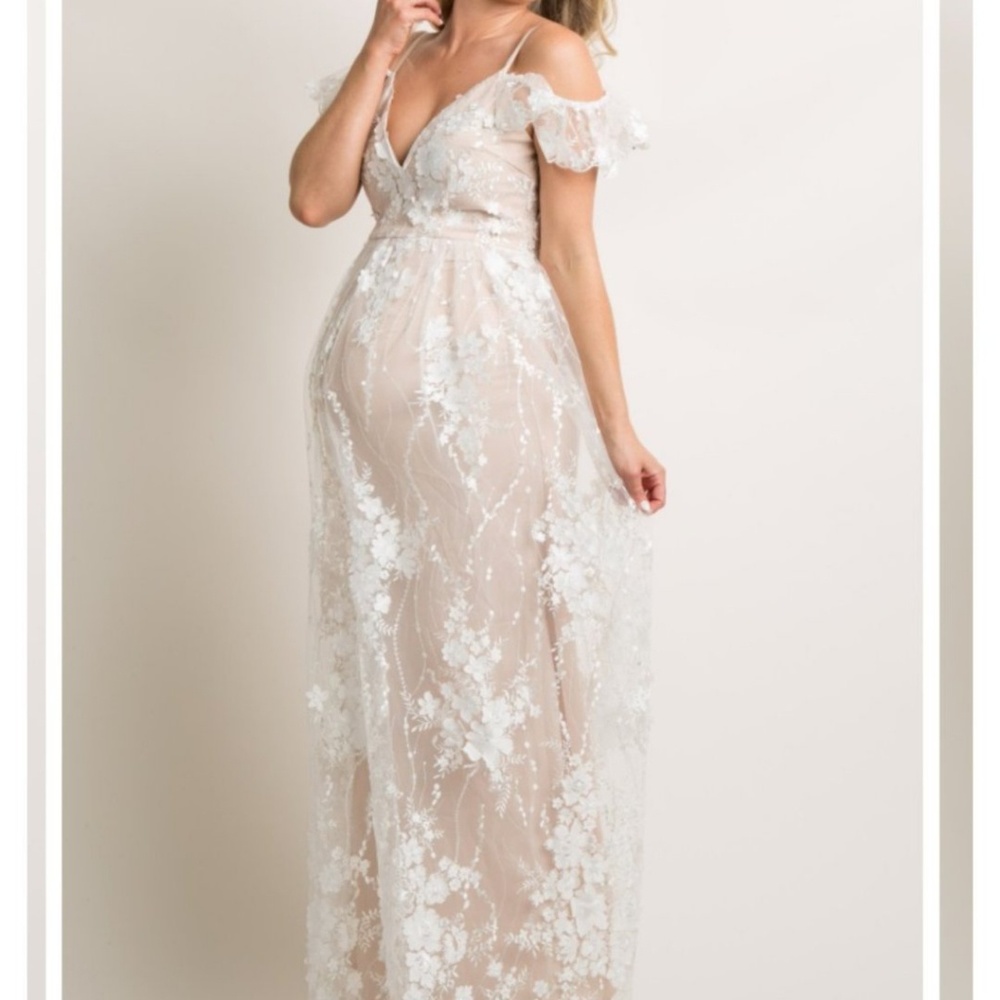 Pink Blush Maternity Ivory Floral embroidered gown